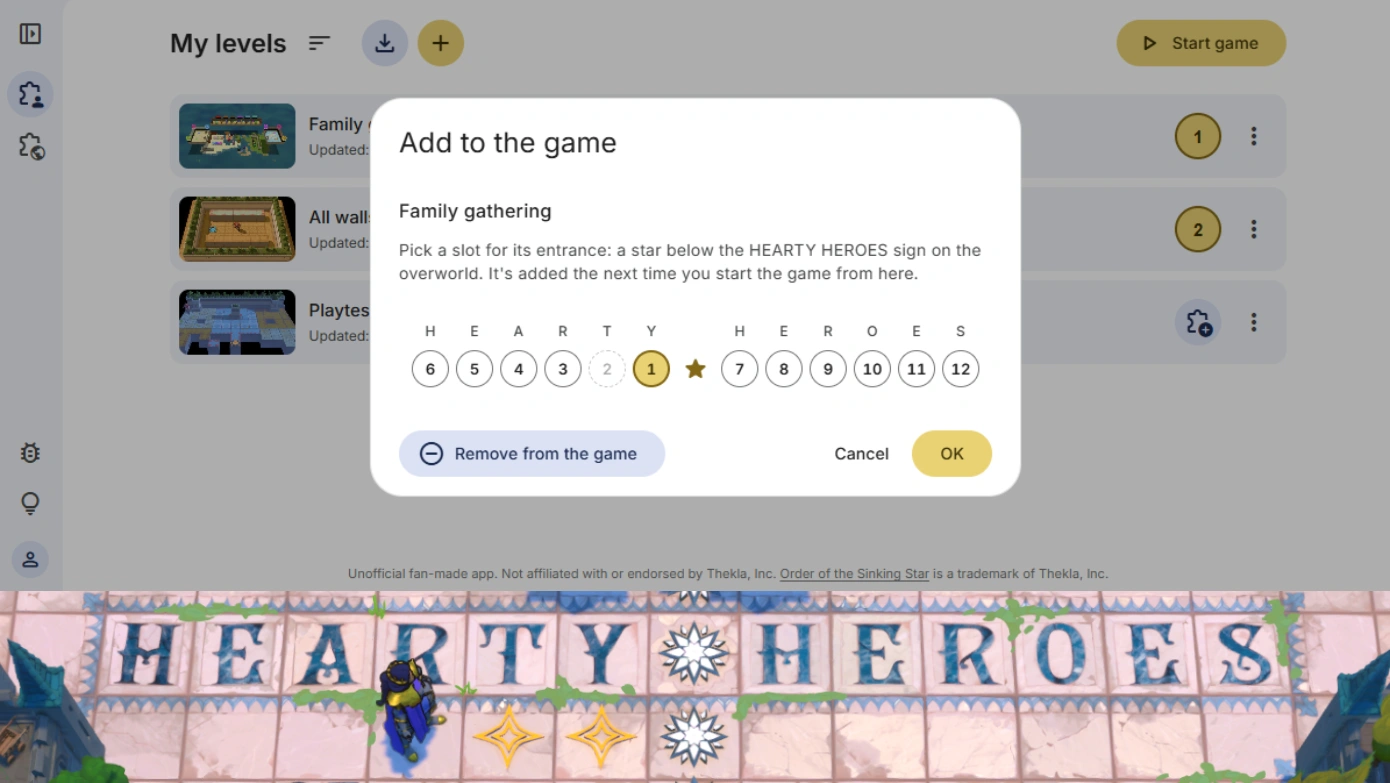 Picking a level’s entrance slot in Sinking StarWright, above the entrances under the HEARTY HEROES sign in the game