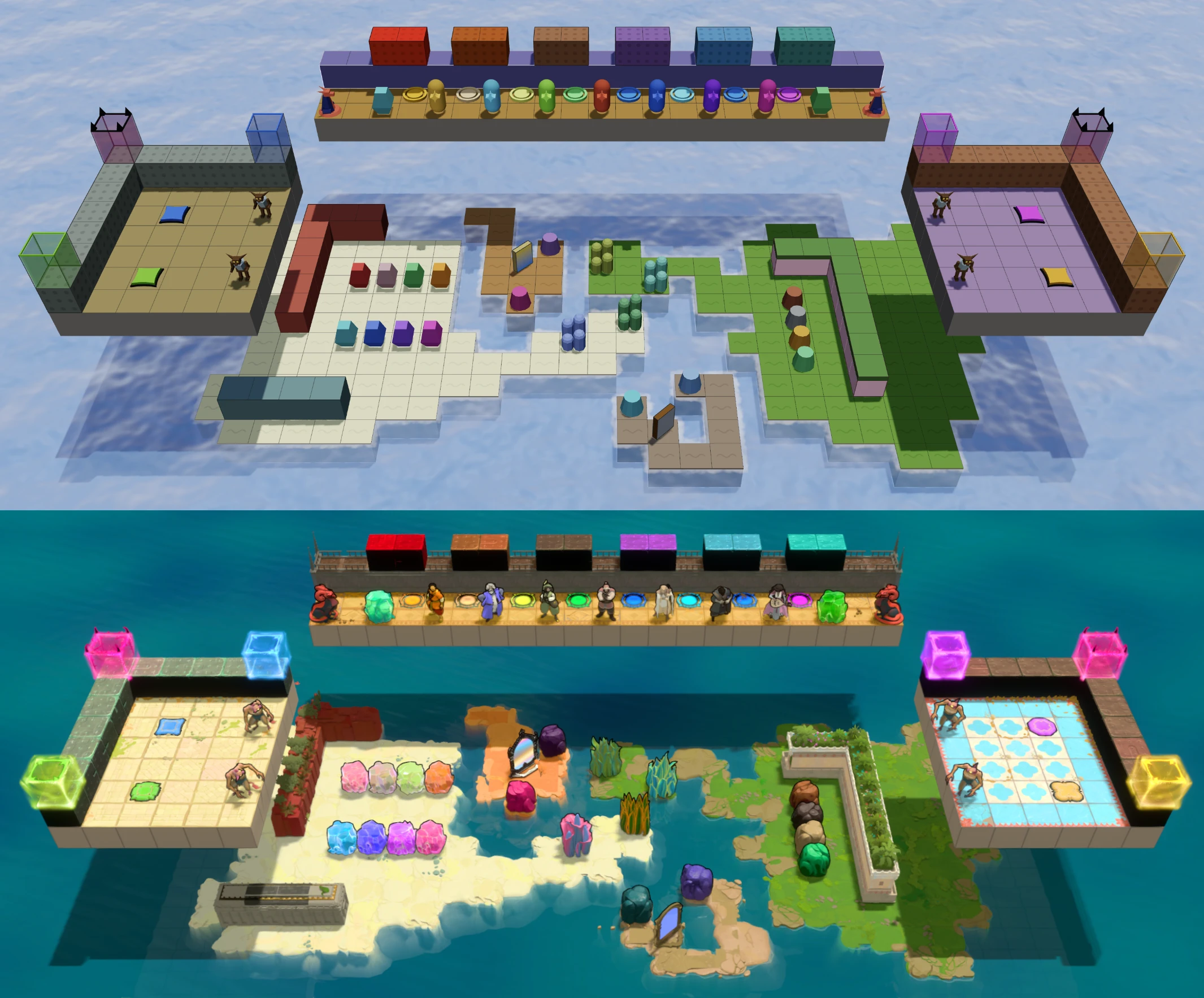 A level in the Sinking StarWright editor, above the same level in Order of the Sinking Star